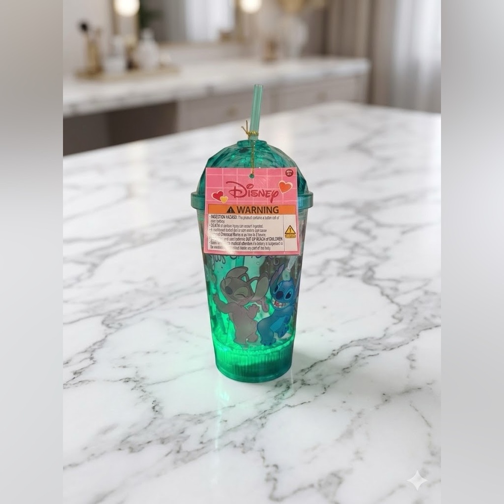 Disney Stitch & Angel Light Up Tumbler Cup With Straw – Green LED Cup – New